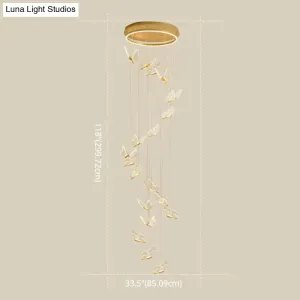 Butterfly Spiral Stairs Ceiling Lighting Acrylic Modern LED Multi-Light Pendant in Gold