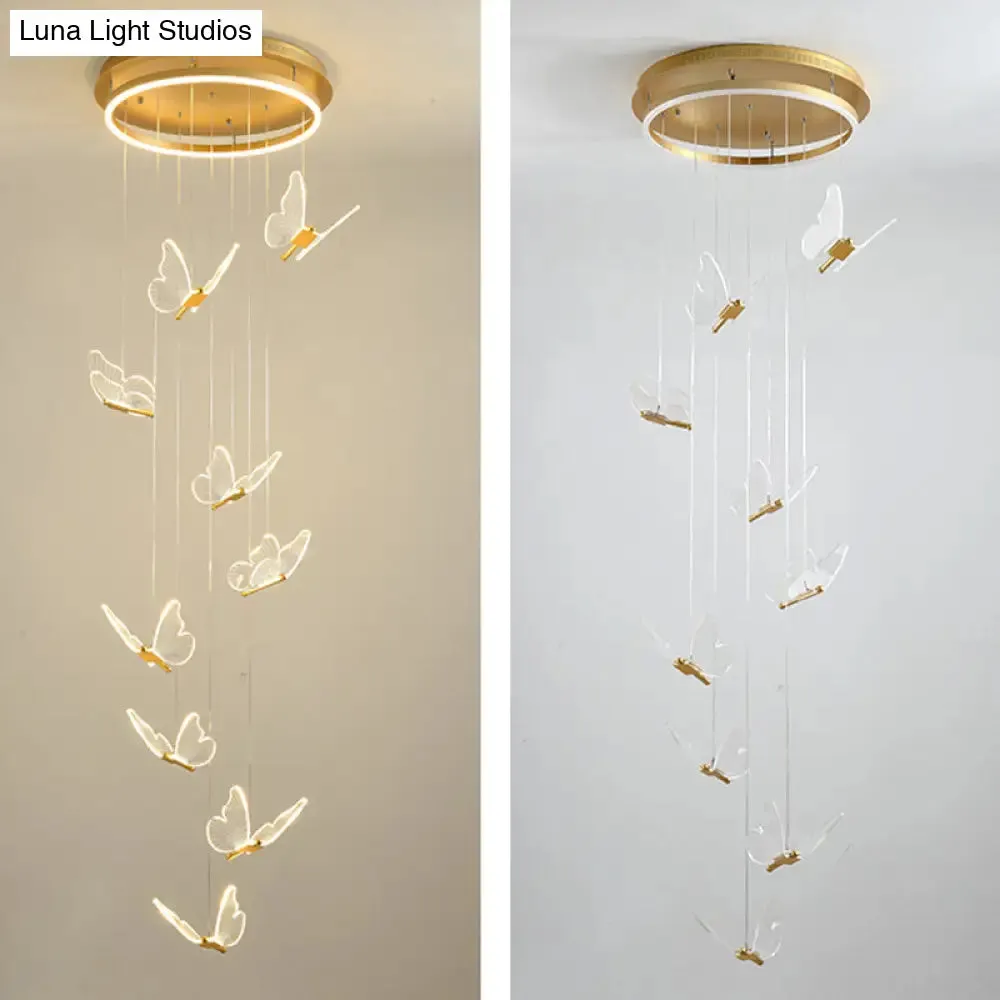 Butterfly Spiral Stairs Ceiling Lighting Acrylic Modern LED Multi-Light Pendant in Gold