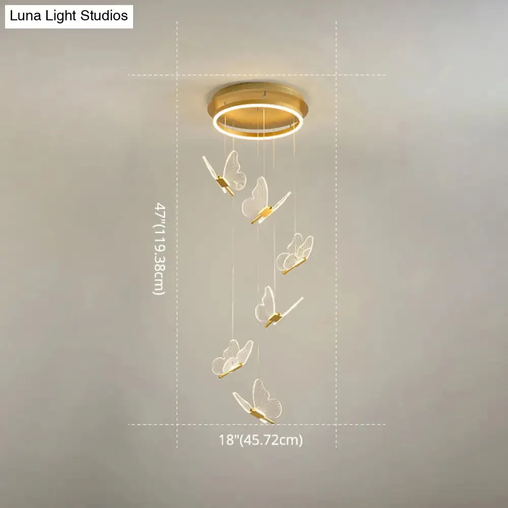 Butterfly Spiral Stairs Ceiling Lighting Acrylic Modern LED Multi-Light Pendant in Gold