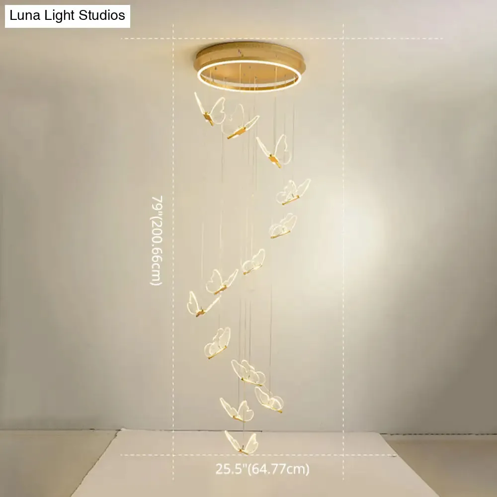 Butterfly Spiral Stairs Ceiling Lighting Acrylic Modern LED Multi-Light Pendant in Gold