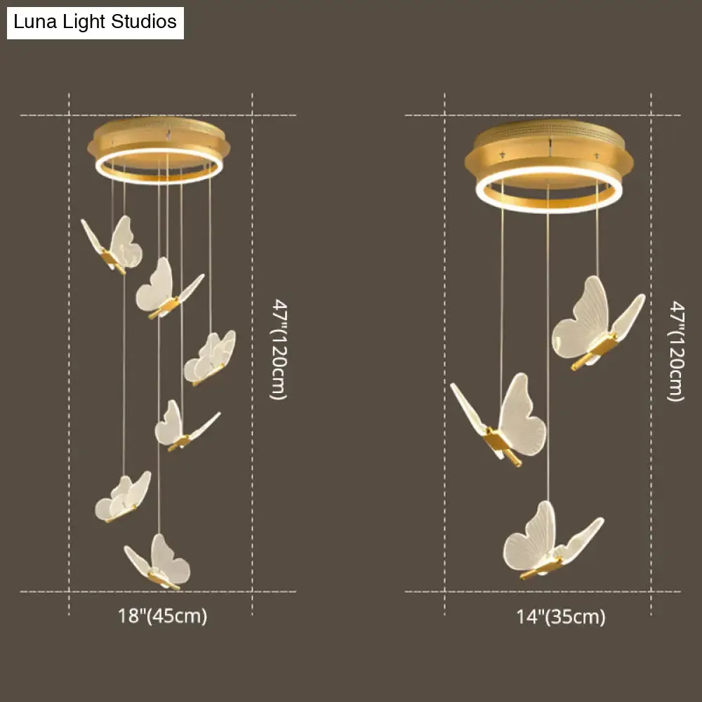 Butterfly Spiral Stairs Ceiling Lighting Acrylic Modern LED Multi-Light Pendant in Gold