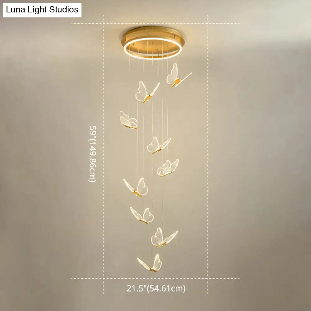 Butterfly Spiral Stairs Ceiling Lighting Acrylic Modern LED Multi-Light Pendant in Gold