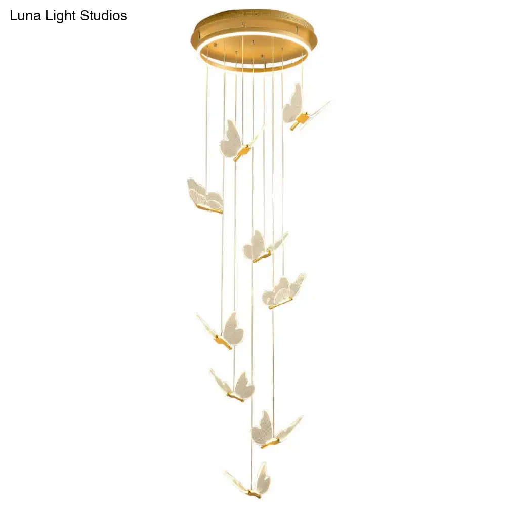 Butterfly Spiral Stairs Ceiling Lighting Acrylic Modern LED Multi-Light Pendant in Gold