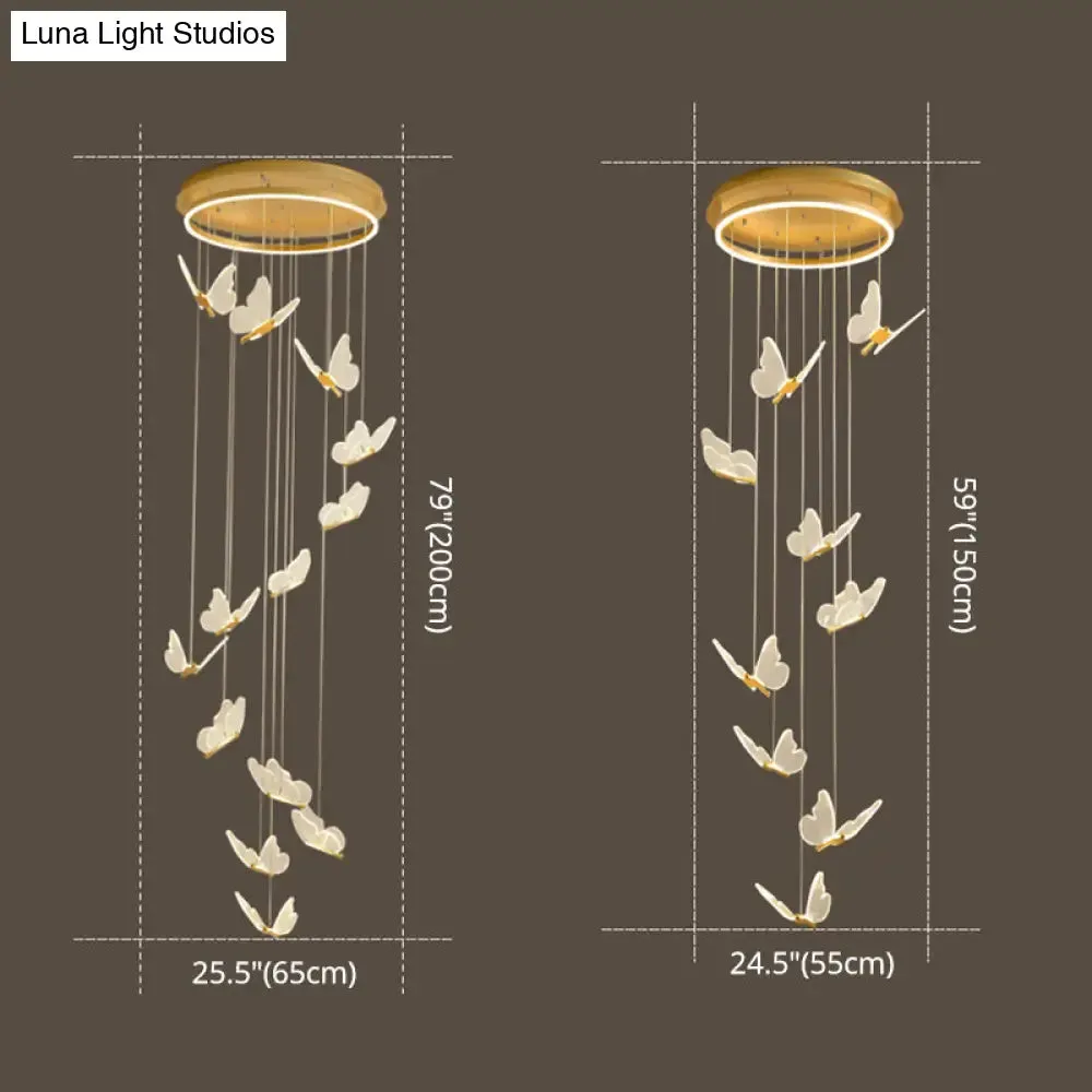 Butterfly Spiral Stairs Ceiling Lighting Acrylic Modern LED Multi-Light Pendant in Gold