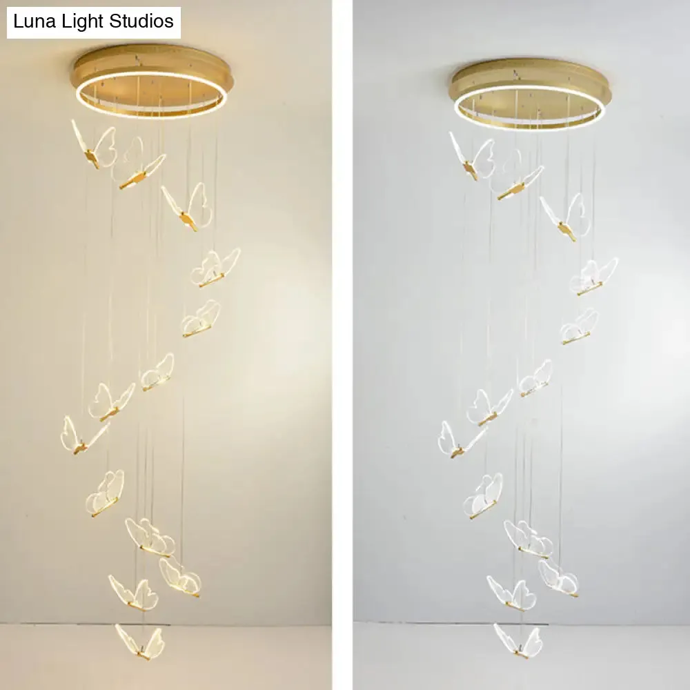 Butterfly Spiral Stairs Ceiling Lighting Acrylic Modern LED Multi-Light Pendant in Gold