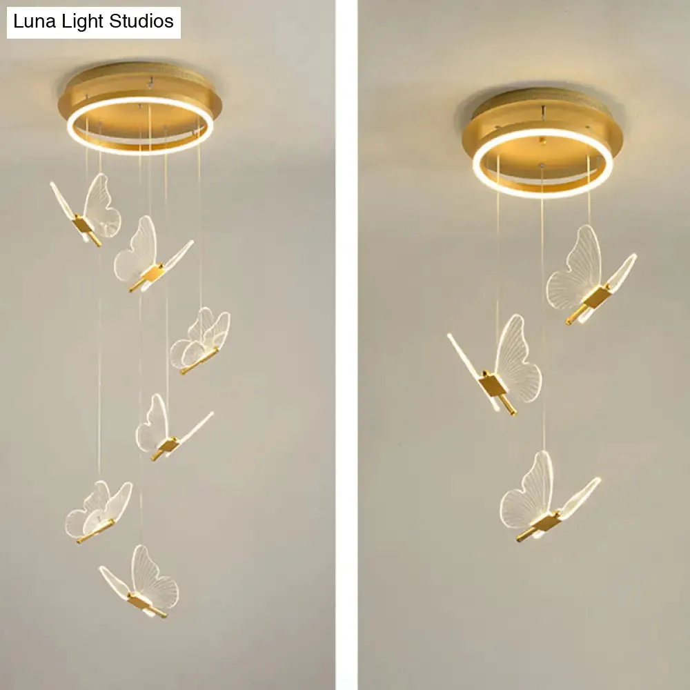 Butterfly Spiral Stairs Ceiling Lighting Acrylic Modern LED Multi-Light Pendant in Gold