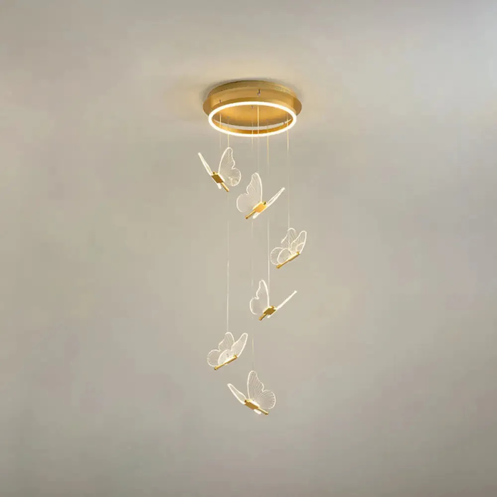 Butterfly Spiral Stairs Ceiling Lighting Acrylic Modern LED Multi-Light Pendant in Gold