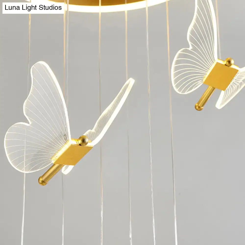 Butterfly Spiral Stairs Ceiling Lighting Acrylic Modern LED Multi-Light Pendant in Gold