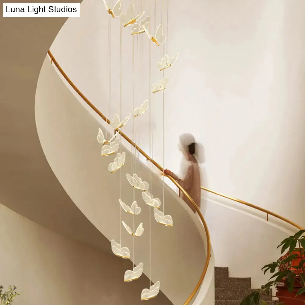 Butterfly Spiral Stairs Ceiling Lighting Acrylic Modern LED Multi-Light Pendant in Gold