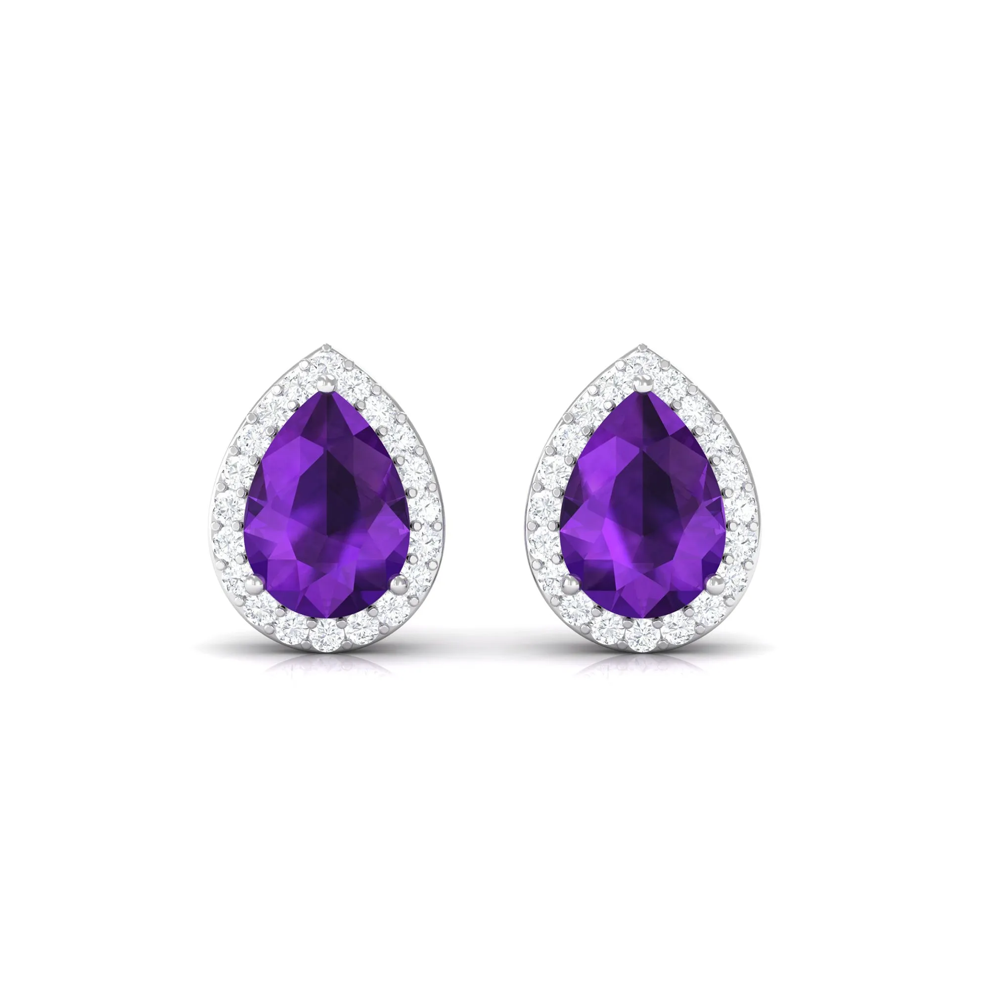 Classic Pear Cut Amethyst and Diamond Halo Stud Earrings