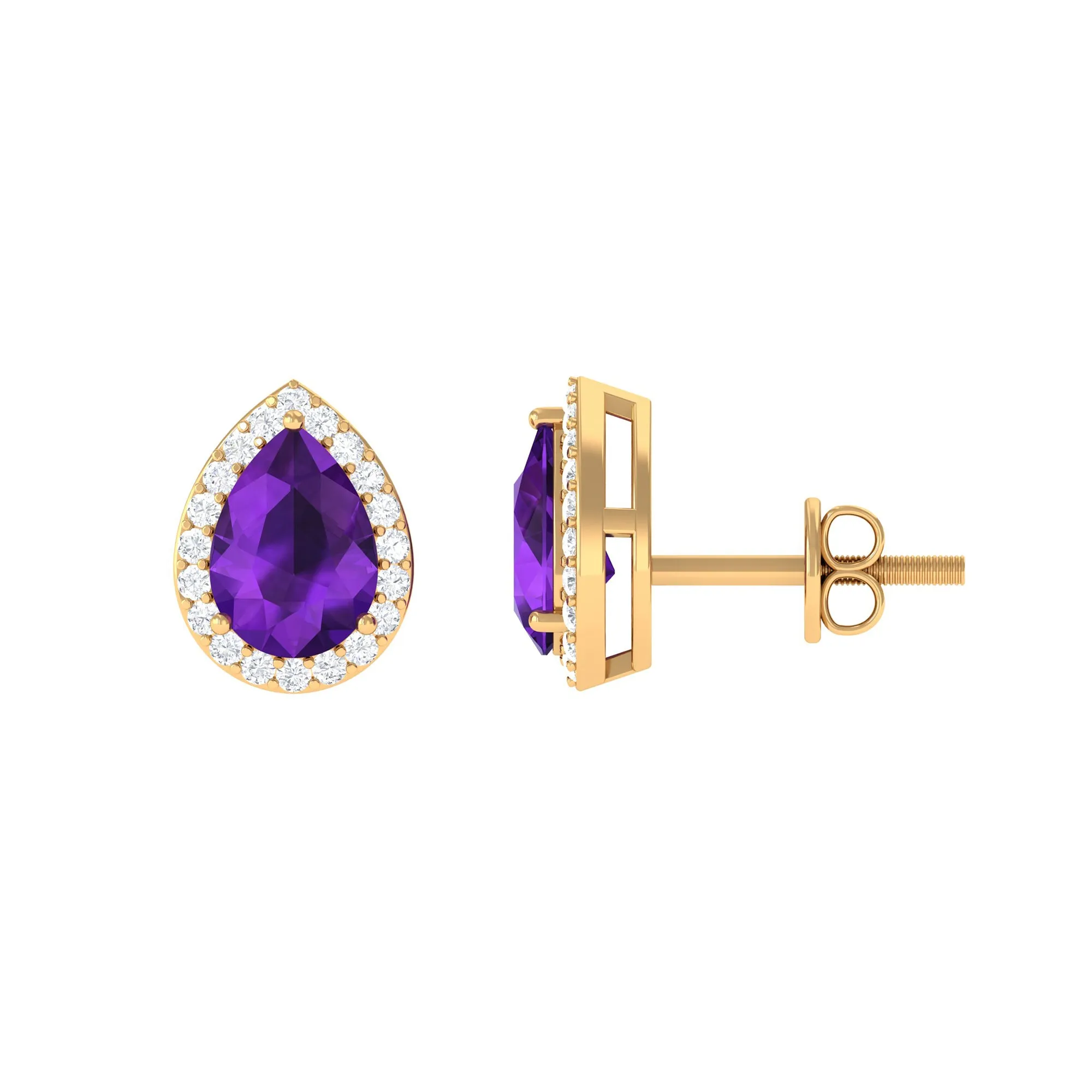 Classic Pear Cut Amethyst and Diamond Halo Stud Earrings