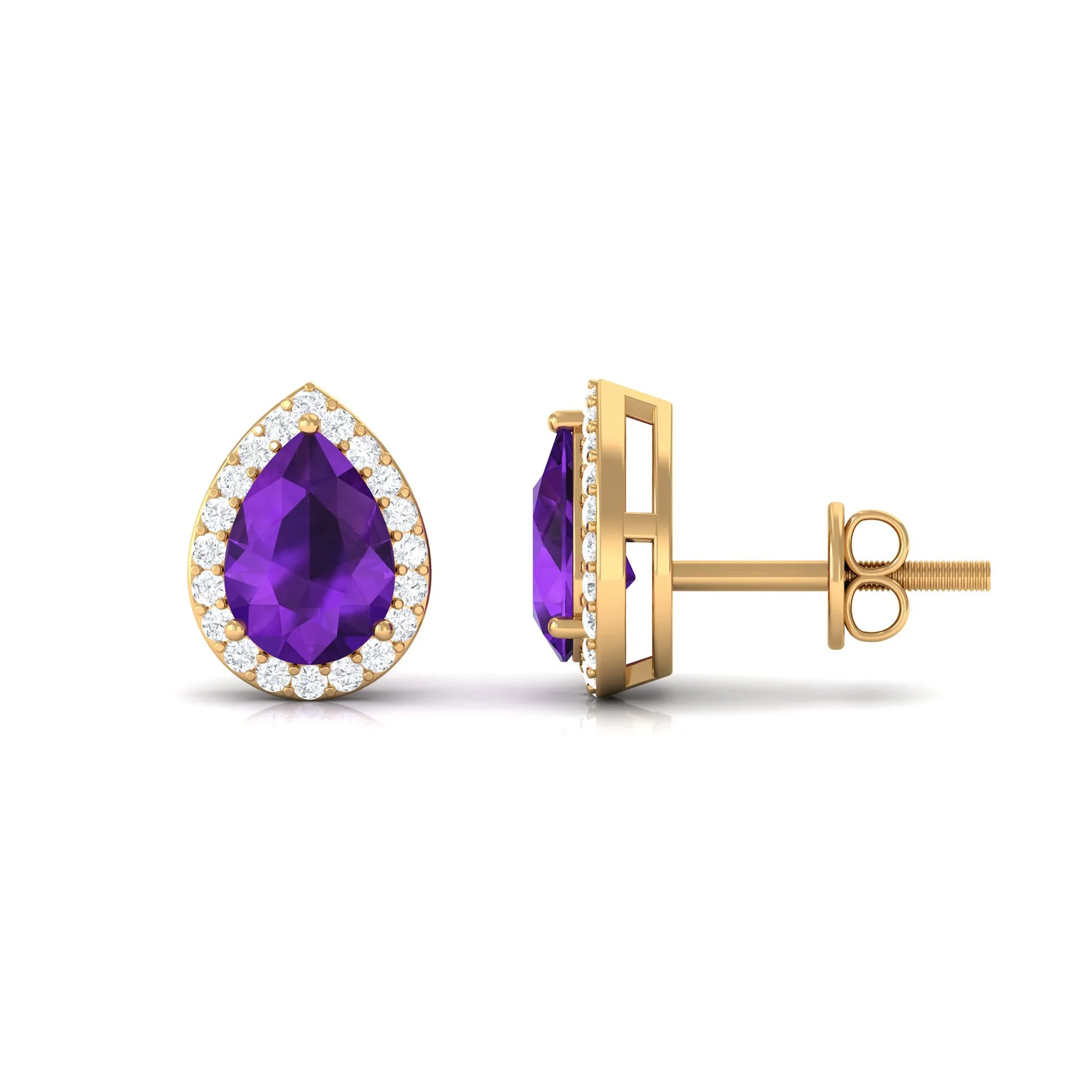 Classic Pear Cut Amethyst and Diamond Halo Stud Earrings