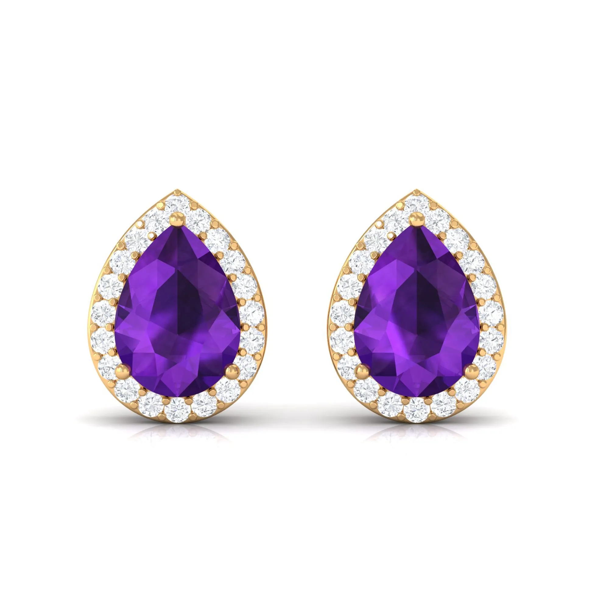 Classic Pear Cut Amethyst and Diamond Halo Stud Earrings