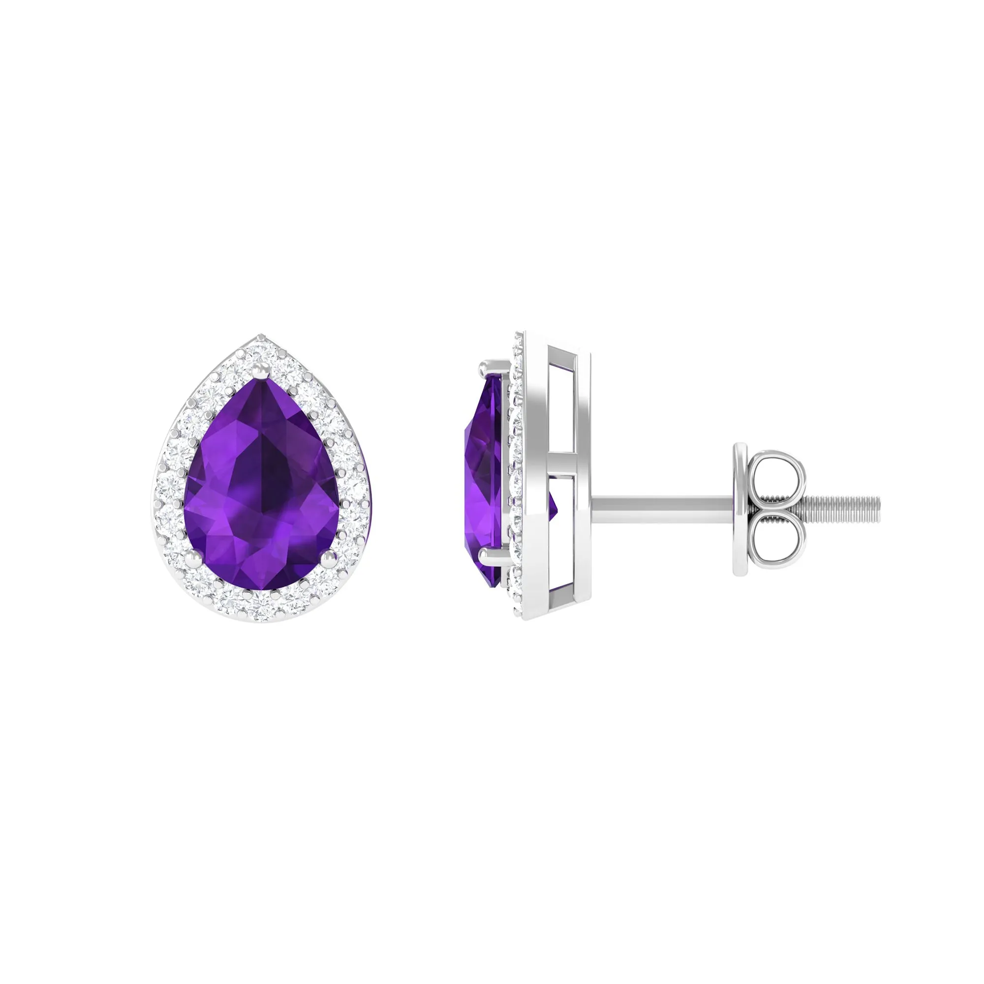 Classic Pear Cut Amethyst and Diamond Halo Stud Earrings