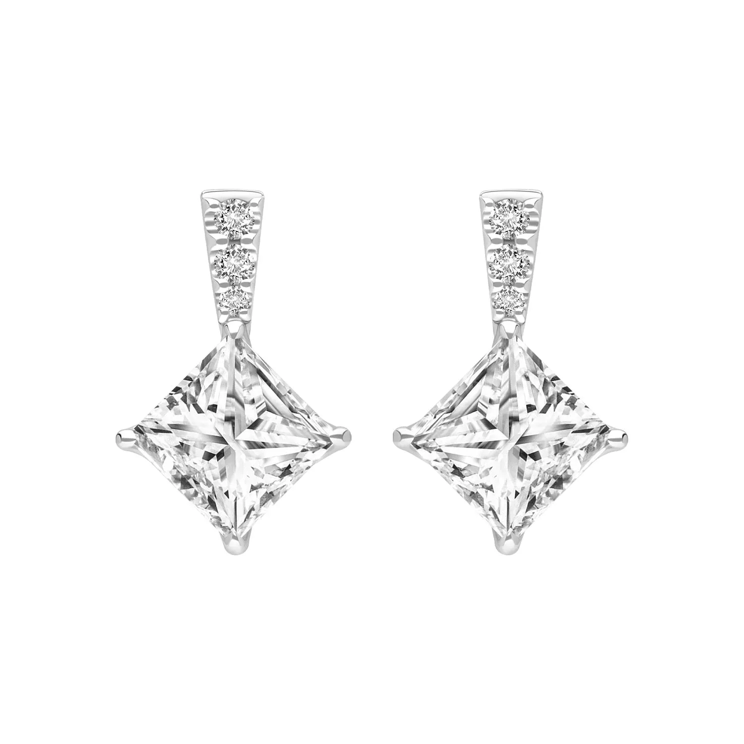 Classic Silver Rhodium Plated Lozenge Design Princess Cut CZ Drop Earrings