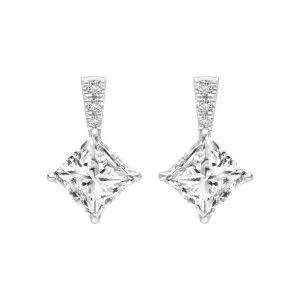 Classic Silver Rhodium Plated Lozenge Design Princess Cut CZ Drop Earrings