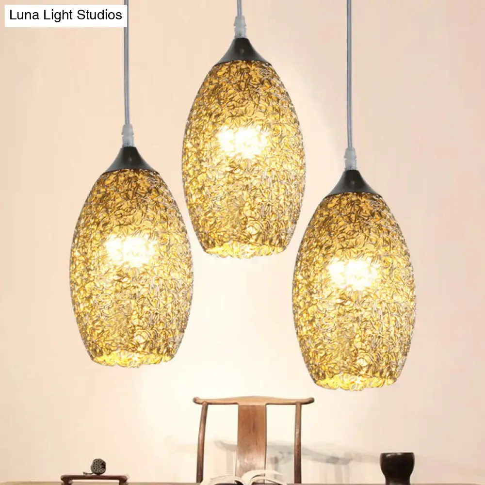 Contemporary Aluminum Oval Pendant with 3 Bulbs – Chrome Ceiling Light for Dining Room