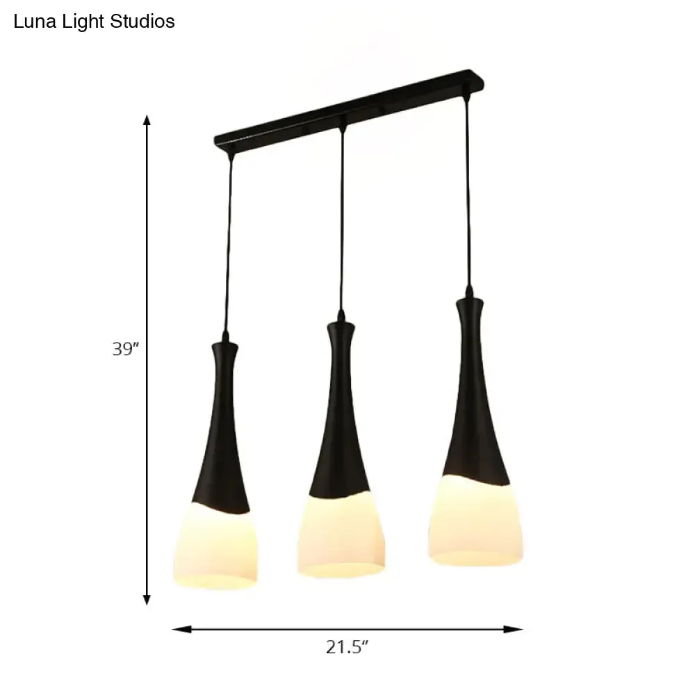 Contemporary Cone Pendant Light - Milky Glass, 1/3 Lights, Black Hanging Lamp with Canopy - Round or Linear