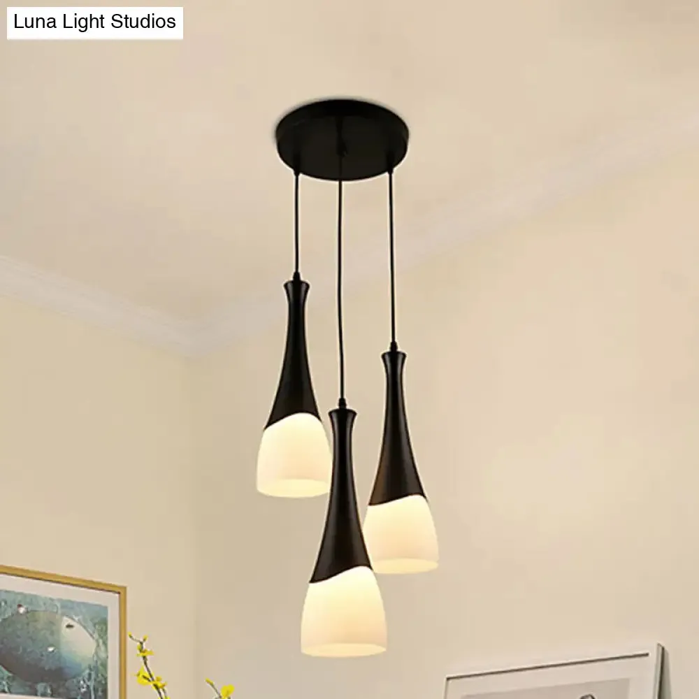 Contemporary Cone Pendant Light - Milky Glass, 1/3 Lights, Black Hanging Lamp with Canopy - Round or Linear