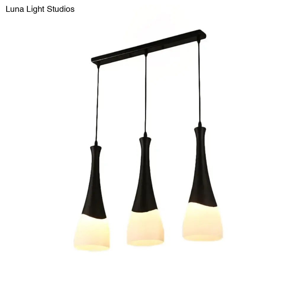 Contemporary Cone Pendant Light - Milky Glass, 1/3 Lights, Black Hanging Lamp with Canopy - Round or Linear