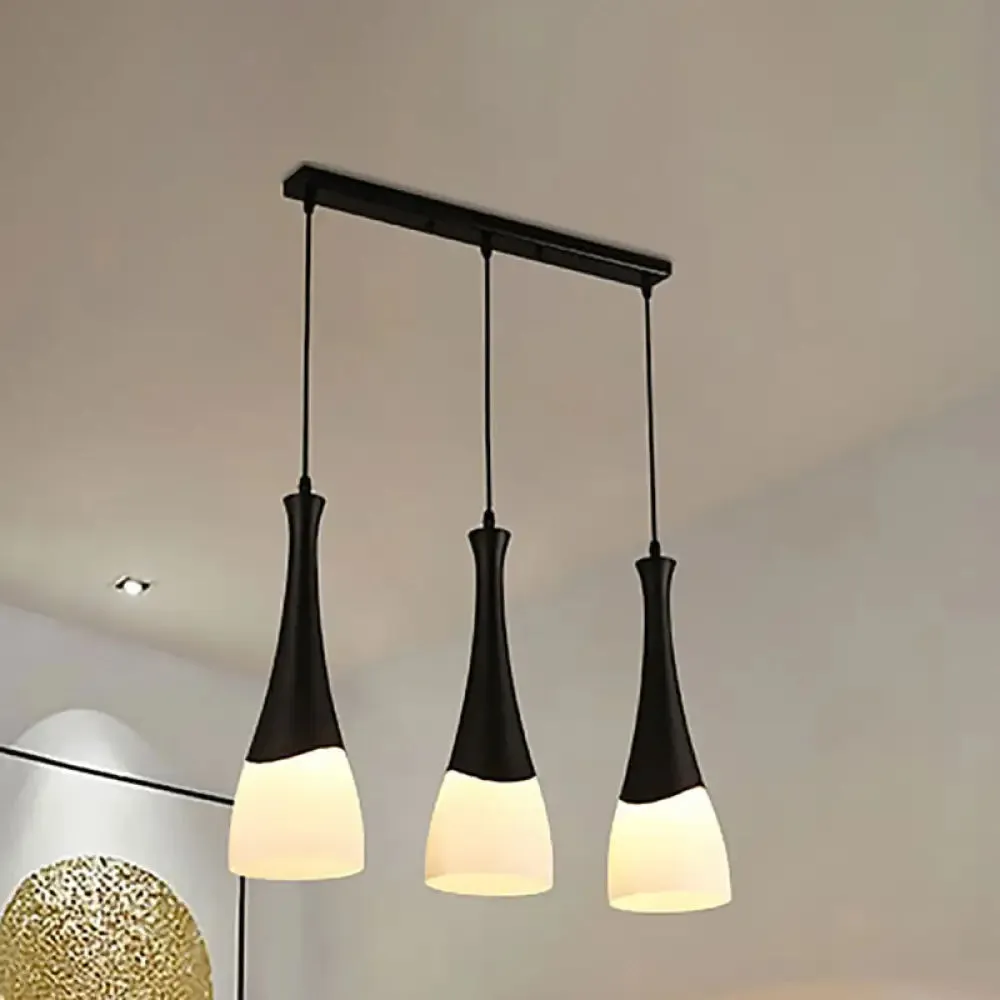 Contemporary Cone Pendant Light - Milky Glass, 1/3 Lights, Black Hanging Lamp with Canopy - Round or Linear