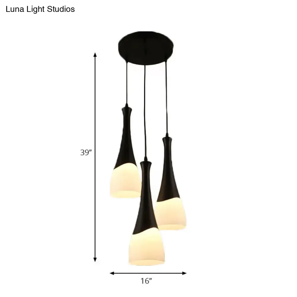 Contemporary Cone Pendant Light - Milky Glass, 1/3 Lights, Black Hanging Lamp with Canopy - Round or Linear