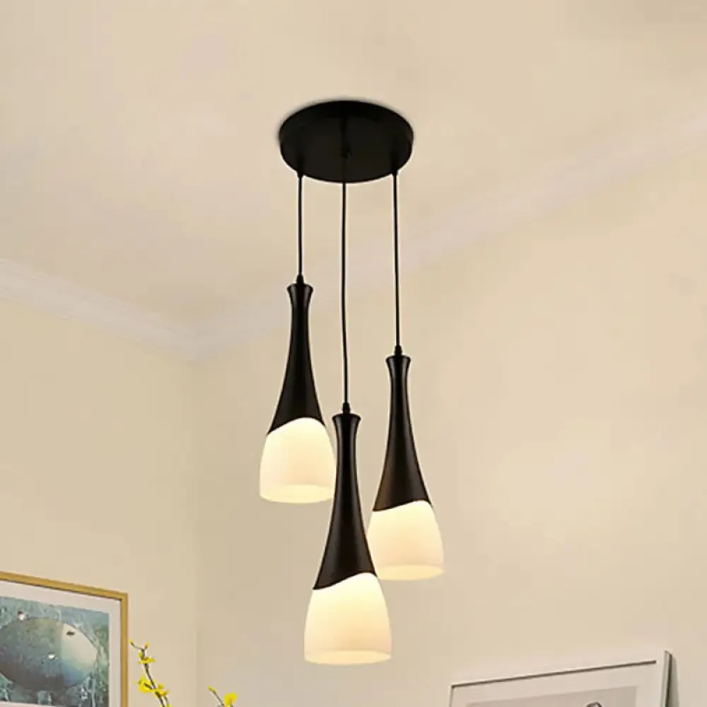 Contemporary Cone Pendant Light - Milky Glass, 1/3 Lights, Black Hanging Lamp with Canopy - Round or Linear