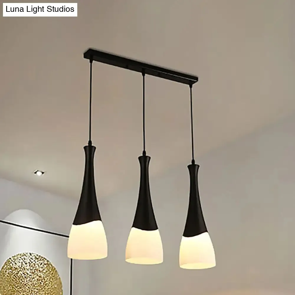 Contemporary Cone Pendant Light - Milky Glass, 1/3 Lights, Black Hanging Lamp with Canopy - Round or Linear