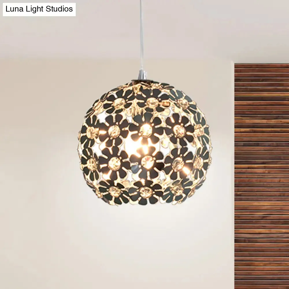 Contemporary Floral Globe Hanging Light - Aluminum Shade, Chrome Suspension, Crystal Accent