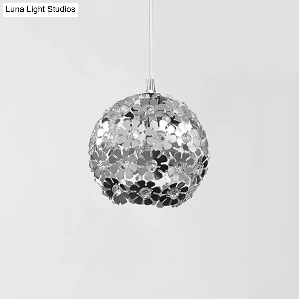 Contemporary Floral Globe Hanging Light - Aluminum Shade, Chrome Suspension, Crystal Accent