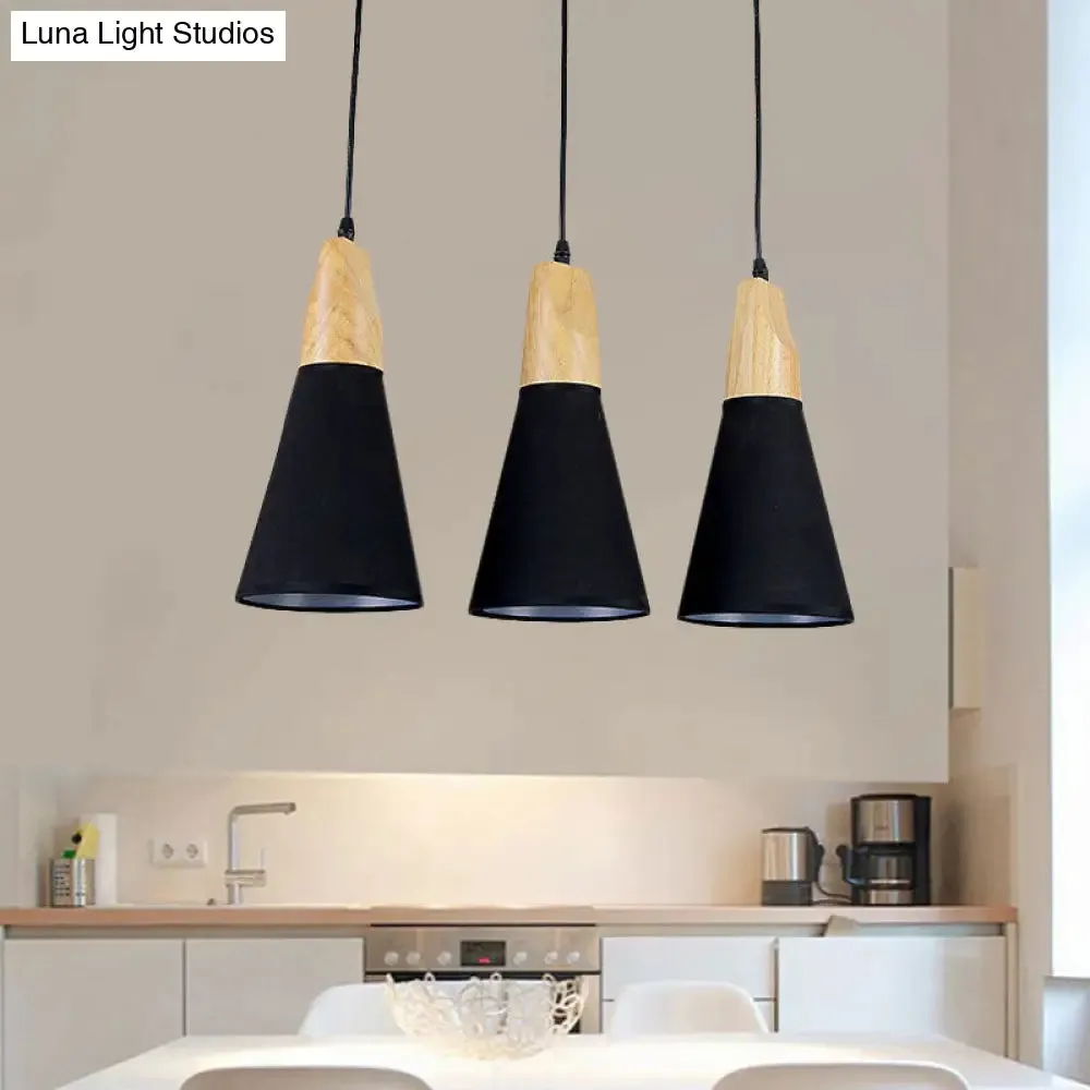 Contemporary White/Black Fabric and Wood Pendant Lamp - 3 Lights Cone Hanging Ceiling Light