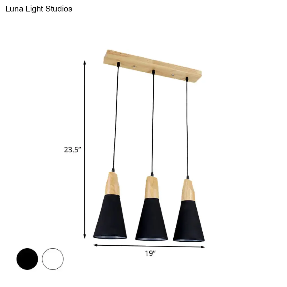 Contemporary White/Black Fabric and Wood Pendant Lamp - 3 Lights Cone Hanging Ceiling Light