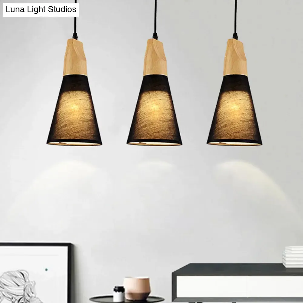 Contemporary White/Black Fabric and Wood Pendant Lamp - 3 Lights Cone Hanging Ceiling Light