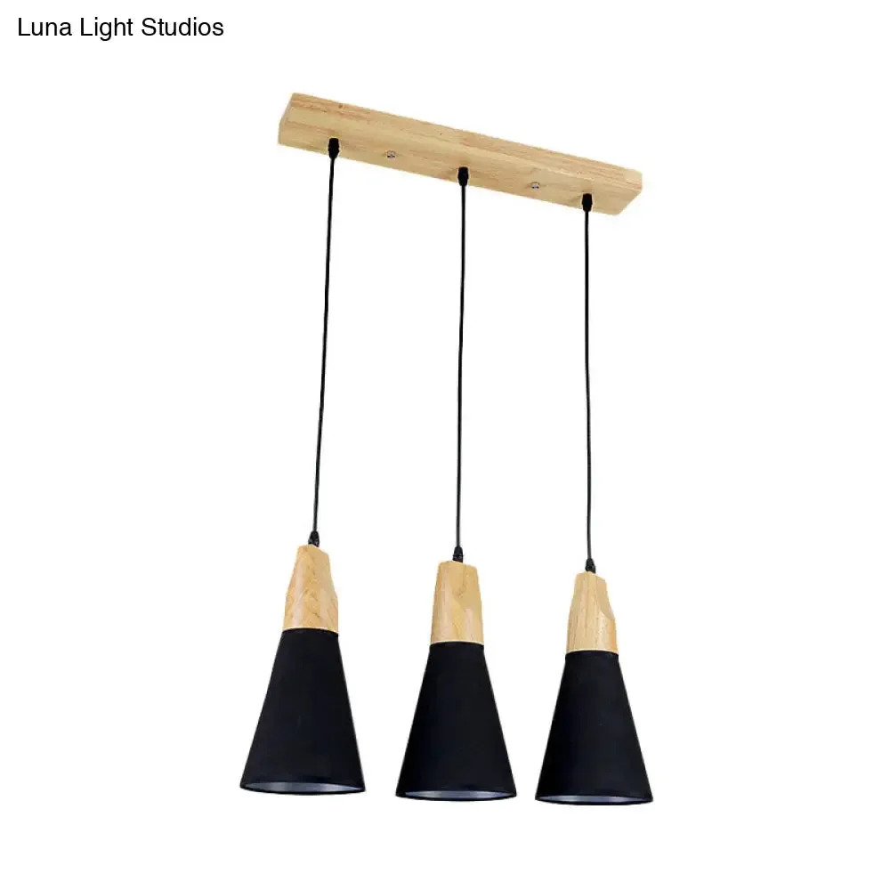 Contemporary White/Black Fabric and Wood Pendant Lamp - 3 Lights Cone Hanging Ceiling Light