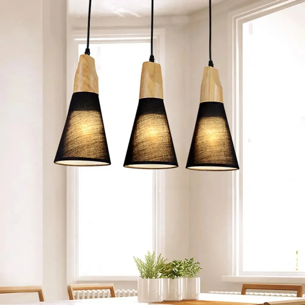 Contemporary White/Black Fabric and Wood Pendant Lamp - 3 Lights Cone Hanging Ceiling Light