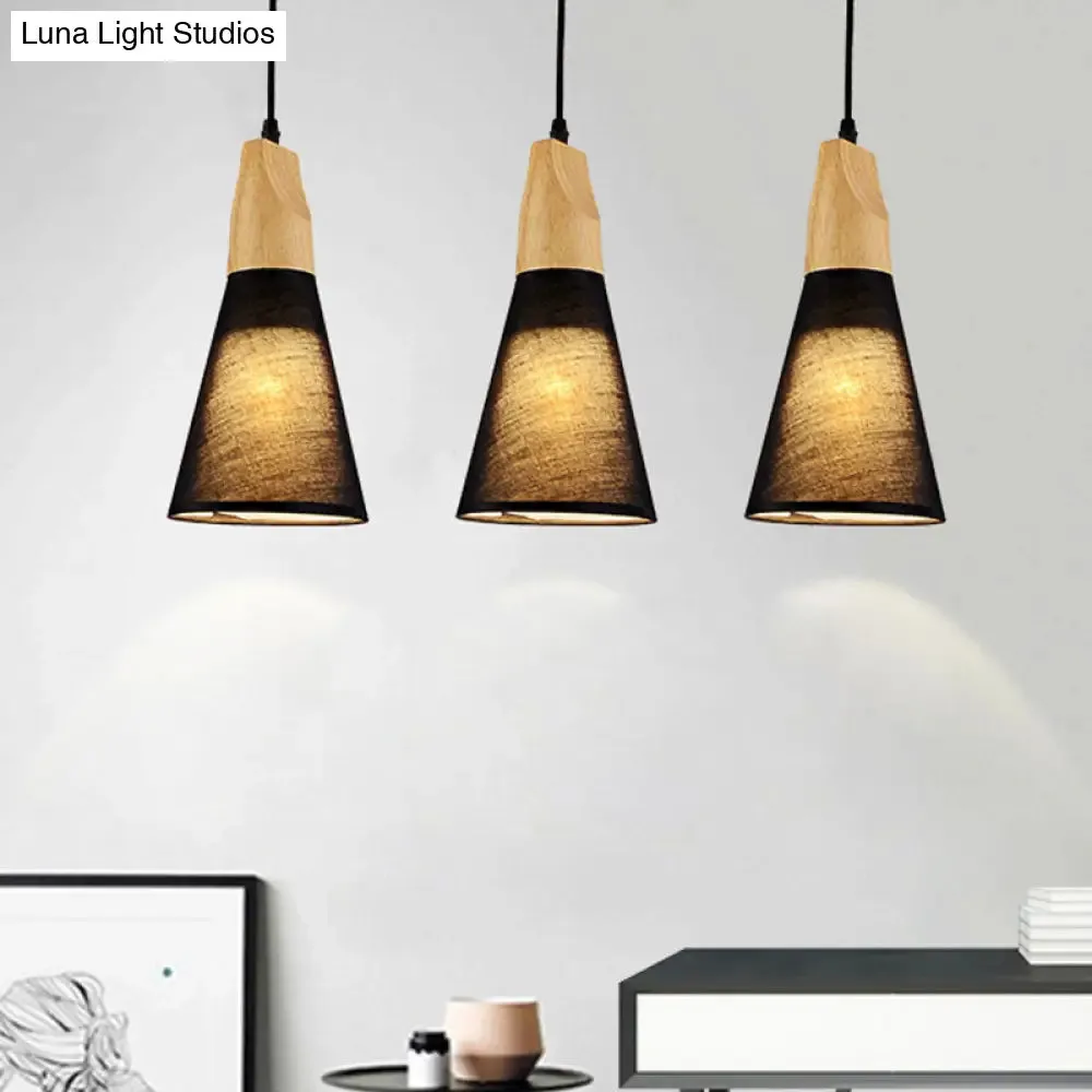 Contemporary White/Black Fabric and Wood Pendant Lamp - 3 Lights Cone Hanging Ceiling Light