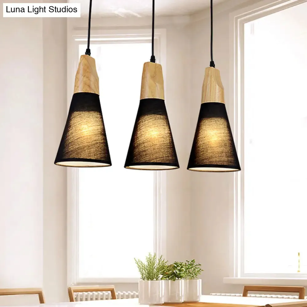 Contemporary White/Black Fabric and Wood Pendant Lamp - 3 Lights Cone Hanging Ceiling Light