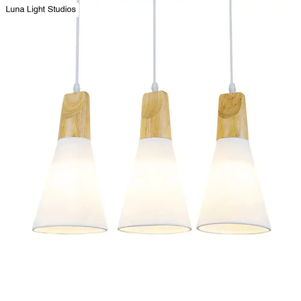 Contemporary White/Black Fabric and Wood Pendant Lamp - 3 Lights Cone Hanging Ceiling Light