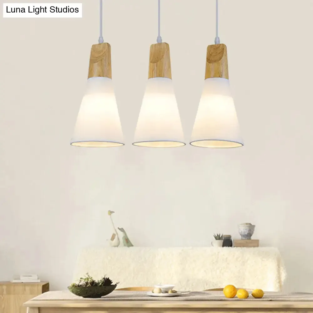 Contemporary White/Black Fabric and Wood Pendant Lamp - 3 Lights Cone Hanging Ceiling Light