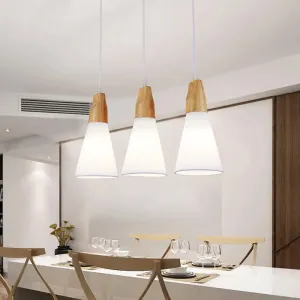 Contemporary White/Black Fabric and Wood Pendant Lamp - 3 Lights Cone Hanging Ceiling Light