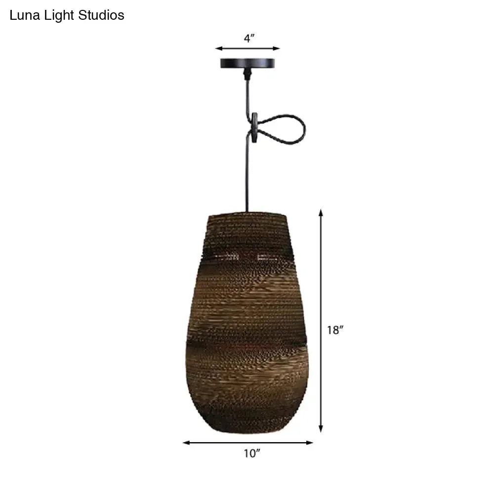 Corrugated Paper Hanging Lamp - Asian Style with Brown High Waist Shade - Restaurant Pendant Light