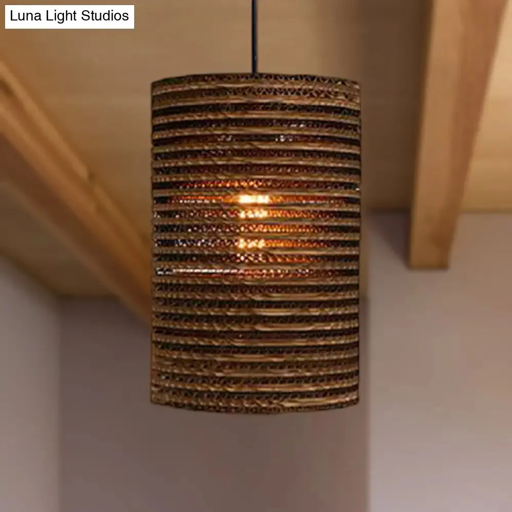 Corrugated Paper Hanging Lamp - Asian Style with Brown High Waist Shade - Restaurant Pendant Light