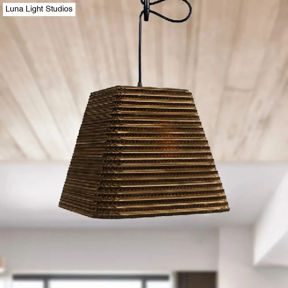 Corrugated Paper Hanging Lamp - Asian Style with Brown High Waist Shade - Restaurant Pendant Light