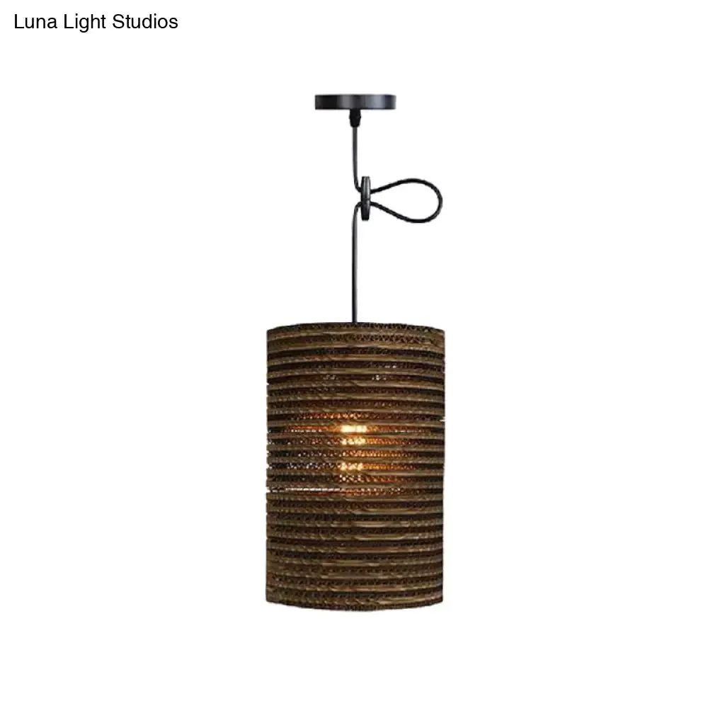 Corrugated Paper Hanging Lamp - Asian Style with Brown High Waist Shade - Restaurant Pendant Light