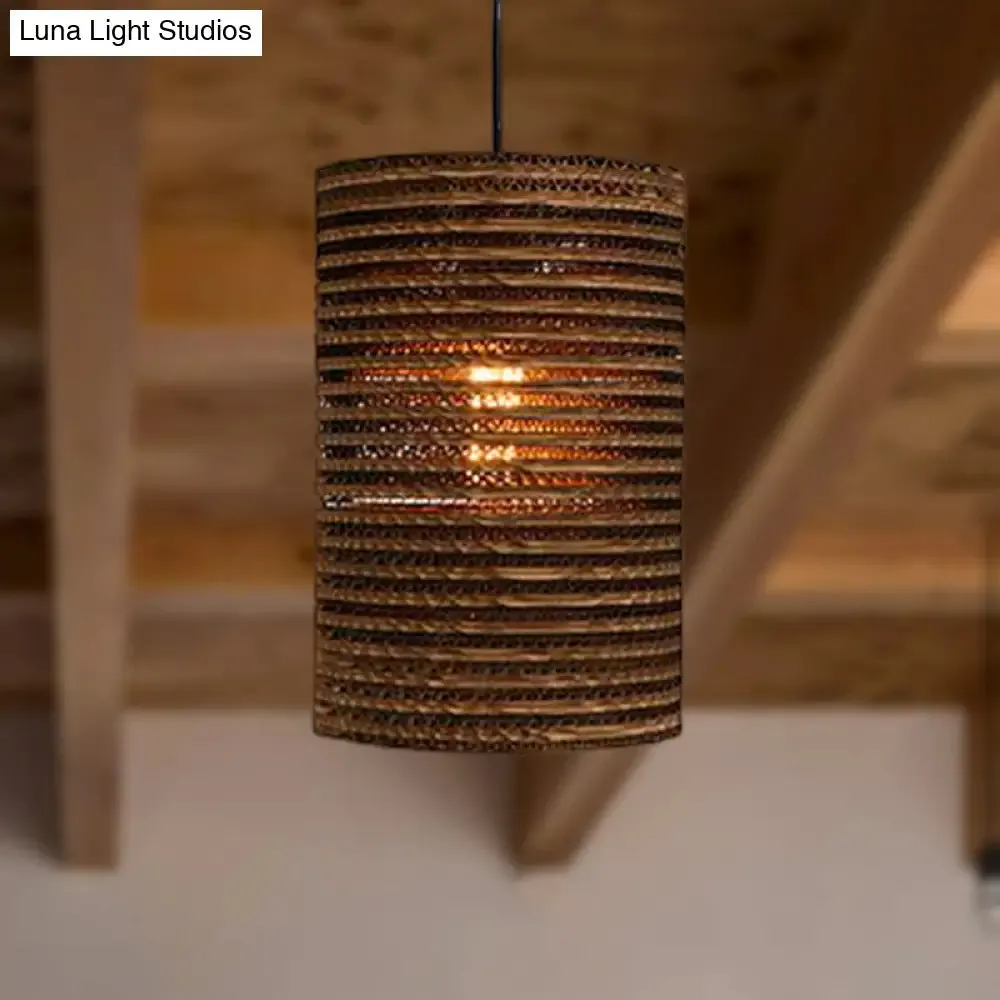 Corrugated Paper Hanging Lamp - Asian Style with Brown High Waist Shade - Restaurant Pendant Light