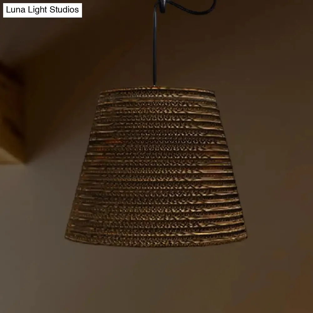 Corrugated Paper Hanging Lamp - Asian Style with Brown High Waist Shade - Restaurant Pendant Light