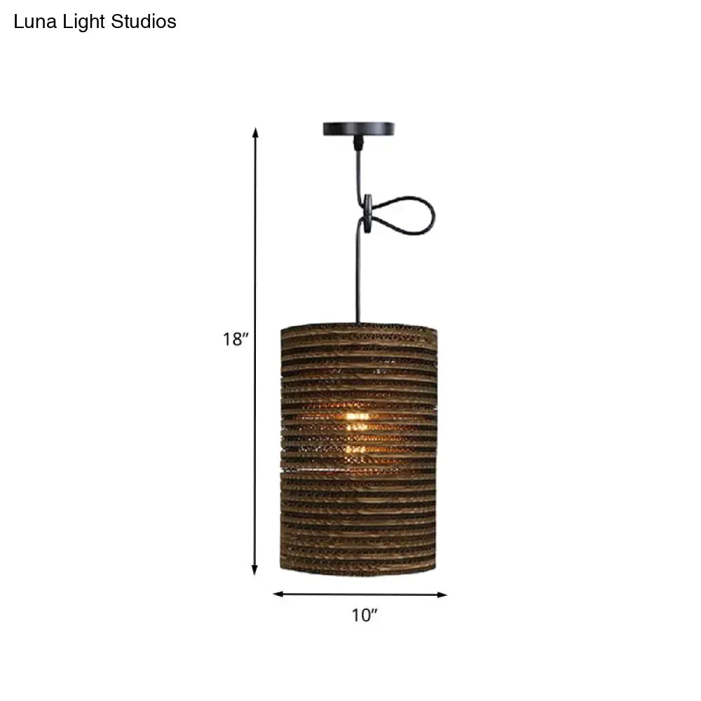 Corrugated Paper Hanging Lamp - Asian Style with Brown High Waist Shade - Restaurant Pendant Light