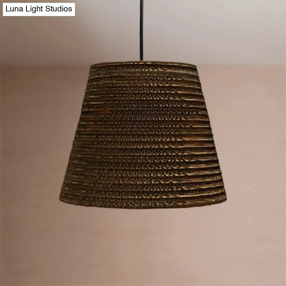 Corrugated Paper Hanging Lamp - Asian Style with Brown High Waist Shade - Restaurant Pendant Light