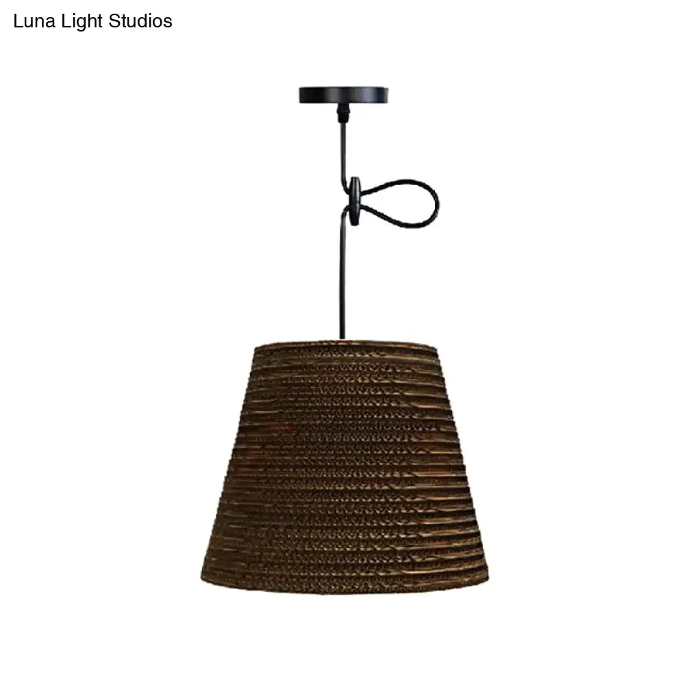 Corrugated Paper Hanging Lamp - Asian Style with Brown High Waist Shade - Restaurant Pendant Light