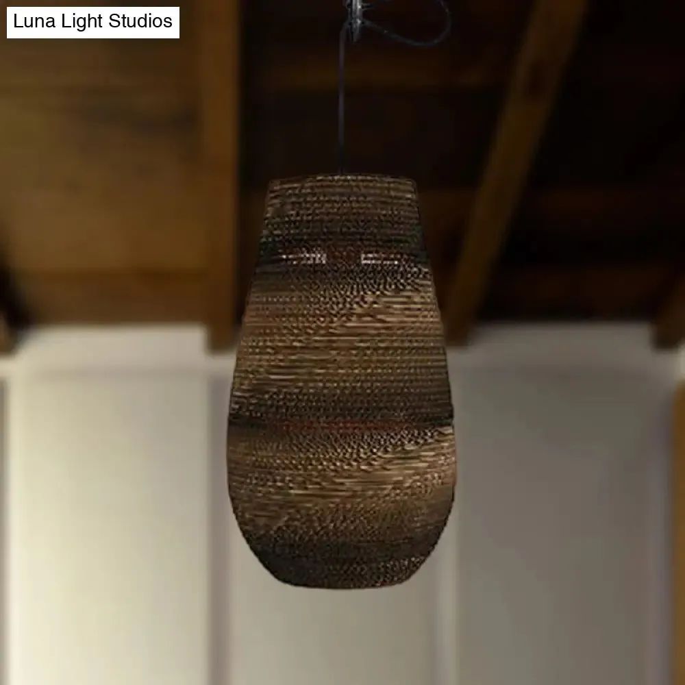 Corrugated Paper Hanging Lamp - Asian Style with Brown High Waist Shade - Restaurant Pendant Light